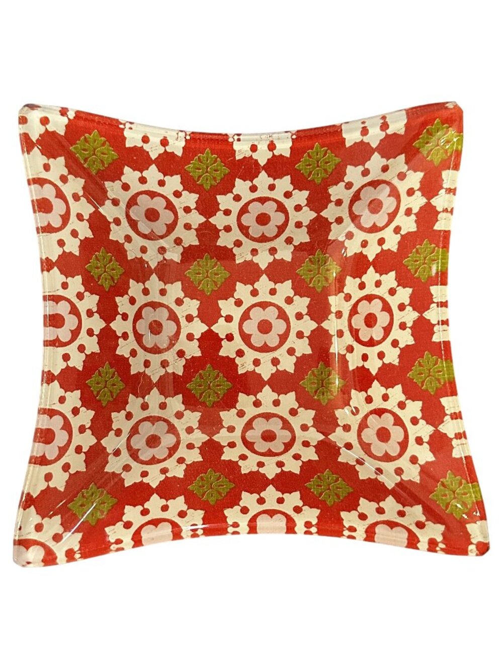 Decorative Glass Square Dish Red & White Floral Pattern Trinkets Ring Anthro 5.5